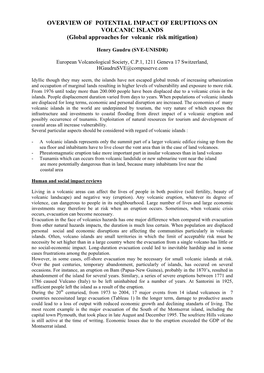 OVERVIEW of POTENTIAL IMPACT of ERUPTIONS on VOLCANIC ISLANDS (Global Approaches for Volcanic Risk Mitigation)