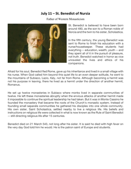 St. Benedict of Nursia Father of Western Monasticism