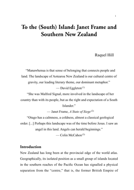 To the (South) Island: Janet Frame and Southern New Zealand