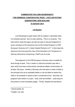 The Remedial Constructive Trust – Fact Or Fiction” Queenstown, New Zealand 10 August 2014