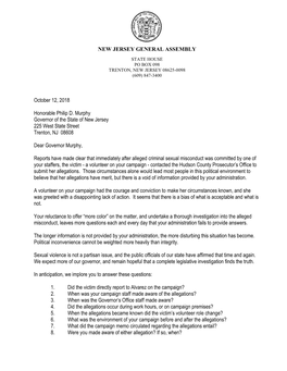 NEW JERSEY GENERAL ASSEMBLY October 12, 2018 Honorable Philip D. Murphy Governor of the State of New Jersey 225 West State Stree