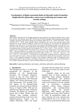 Geochemistry of Lignite Associated Shales in Ogwashi-Asaba Formation: Implication for Paleoredox, Source-Area Weathering, Provenance and Tectonic Settings