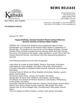 January 27, 2017 Happy Birthday, Kansas! Student Photo Contest
