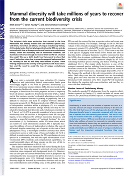 Mammal Diversity Will Take Millions of Years to Recover from the Current Biodiversity Crisis