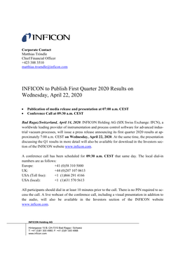 INFICON to Publish First Quarter 2020 Results on Wednesday, April 22, 2020