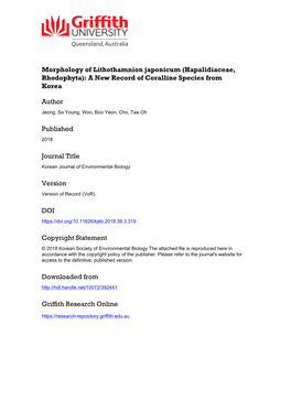 Morphology of Lithothamnion Japonicum (Hapalidiaceae, Rhodophyta): a New Record of Coralline Species from Korea