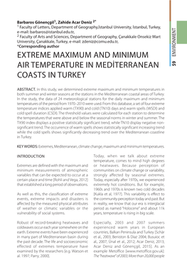 Extreme Maximum and Minimum Air Temperature in Mediterranean Coasts in Turkey