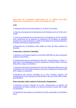 Relación De Acuerdos Adoptados En La Sesión Plenaria Ordinaria Celebrada El 28 De Noviembre De 2008