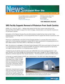 SRS Facility Supports Removal of Plutonium from South Carolina