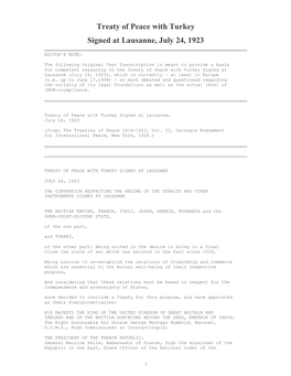 Treaty of Peace with Turkey Signed at Lausanne, July 24, 1923