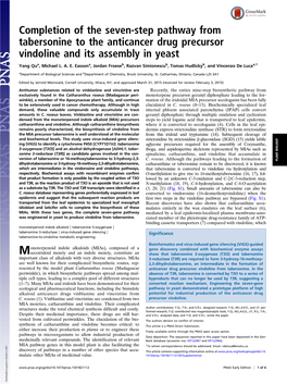 Completion of the Seven-Step Pathway from Tabersonine to the Anticancer Drug Precursor Vindoline and Its Assembly in Yeast