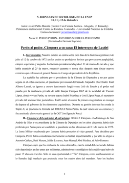 Perón Al Poder, Cámpora a Su Casa: El Interregno De Lastiri