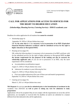 CALL for APPLICATIONS for ACCESS to SERVICES for the RIGHT to HIGHER EDUCATION (Scholarships, Housing Service, Catering Service) - 2020/21 Academic Year