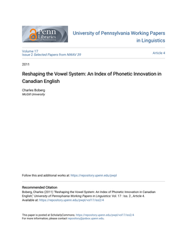 Reshaping the Vowel System: an Index of Phonetic Innovation in Canadian English