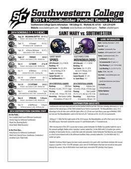 Southwestern College 2014 Moundbuilder Football Game Notes Southwestern College Sports Information - 100 College St