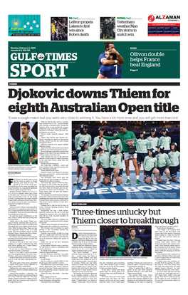 Djokovic Downs Thiem for Eighth Australian Open Title ‘It Was a Tough Match but You Were Very Close to Winning It