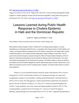 Lessons Learned During Public Health Response to Cholera Epidemic in Haiti and the Dominican Republic