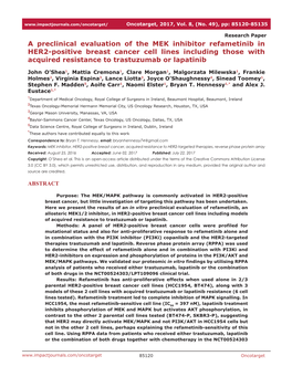 A Preclinical Evaluation of the MEK Inhibitor Refametinib in HER2