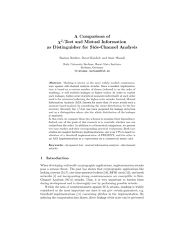 A Comparison of Χ2-Test and Mutual Information As Distinguisher for Side-Channel Analysis