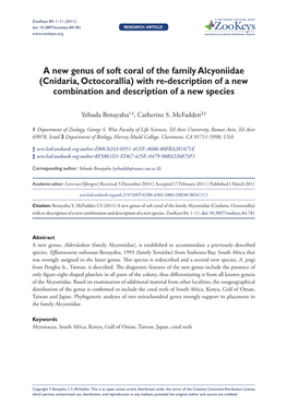 A New Genus of Soft Coral of the Family Alcyoniidae (Cnidaria, Octocorallia) with Re-Description of a New Combination and Description of a New Species