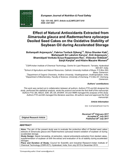 Effect of Natural Antioxidants Extracted from Simarouba Glauca and Radermachera Xylocarpa Deoiled Seed Cakes on the Oxidative St