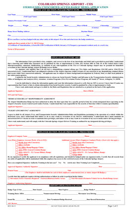 Colorado Springs Airport - Cos Sterile/Sida Unescorted Access Badge Media Application Applicant Section: Please Print/Type – Press Firmly