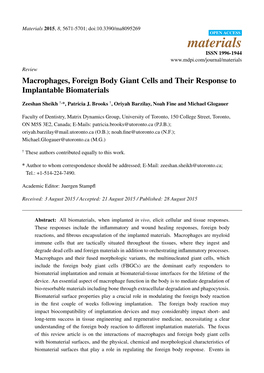 Macrophages, Foreign Body Giant Cells and Their Response to Implantable Biomaterials