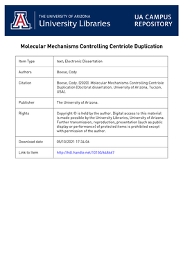 Molecular Mechanisms Controlling Centriole Duplication