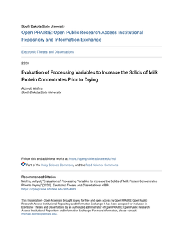 Evaluation of Processing Variables to Increase the Solids of Milk Protein Concentrates Prior to Drying