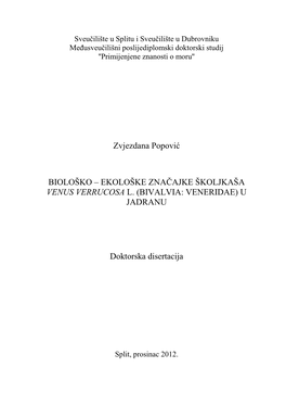 Ekološke Značajke Školjkaša Venus Verrucosa L. (Bivalvia: Veneridae) U Jadranu