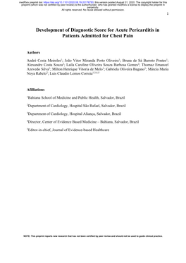 Development of Diagnostic Score for Acute Pericarditis in Patients Admitted for Chest Pain