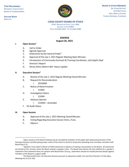 AGENDA August 26, 2021 COOK COUNTY BOARD of ETHICS