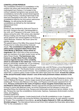 CONSTELLATION PERSEUS the Constellation Perseus Is a Constellation in the Northern Sky Which Was Named After the Greek Mythological Hero Perseus