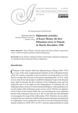 Diplomatic Activities of Kazys Škirpa, the First Lithuanian Envoy to Poland 93 Was Published in Lithuanian4