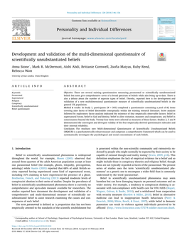 Development and Validation of the Multi-Dimensional Questionnaire of T Scientiﬁcally Unsubstantiated Beliefs ⁎ Anna Stone , Mark R