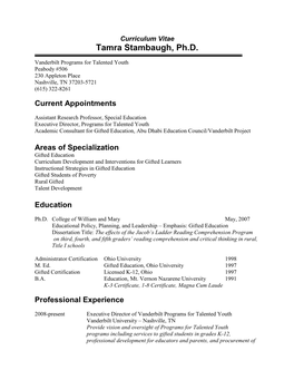 Curriculum Vitae Tamra Stambaugh, Ph.D