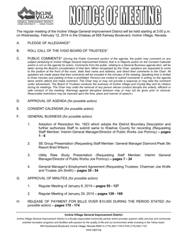 The Regular Meeting of the Incline Village General Improvement District Will Be Held Starting at 3:00 P.M. on Wednesday, Februar