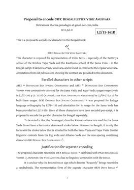 Proposal to Encode 09FC BENGALI LETTER VEDIC ANUSVARA Shriramana Sharma, Jamadagni-At-Gmail-Dot-Com, India 2015-Jul-31 L2/15-161R