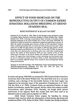 Effect of Food Shortage on the Reproductive Output of Common Eiders Somateria Mollissima Breeding at Griend (Wadden Sea)