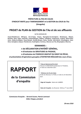 RAPPORT Préfecture Du Pas-De-Calais Arrêté De Monsieur Le Préfet, En Date Du 20 Décembre 2017