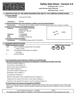 Safety Data Sheet - Version 5.0 Preparation Date 2/5/2016 Latest Revision Date (If Revised) SDS Expiry Date 2/3/2019