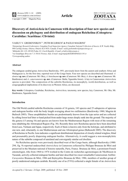 Zootaxa, Discovery of Antireicheia in Cameroon with Description Of