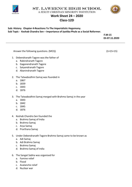 ST. LAWRENCE High SCHOOL Work Sheet 24 – 2020 Class-12D