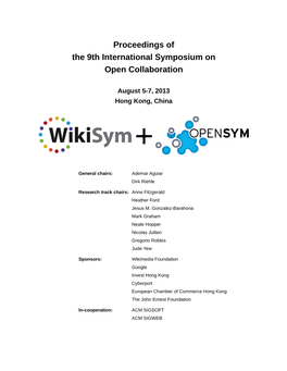 Proceedings of the 9Th International Symposium on Open Collaboration