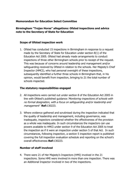 Memorandum for Education Select Committee Birmingham “Trojan