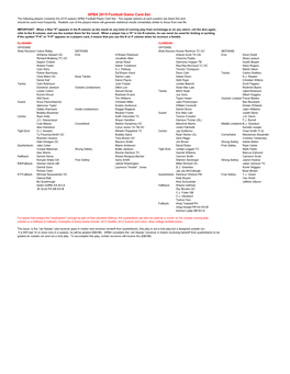 APBA 2015 Football Game Card Set the Following Players Comprise the 2015 Season APBA Football Player Card Set