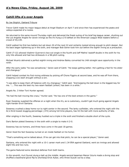 A's News Clips, Friday, August 28, 2009 Cahill Lifts A's Over Angels