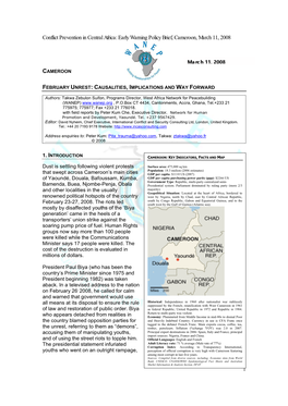 Early Warning Policy Brief, Cameroon, March 11, 2008 1