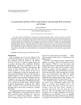 A Scientometric Profile of Prof. Lalji Singh As Seen Through Web of Science and Scopus