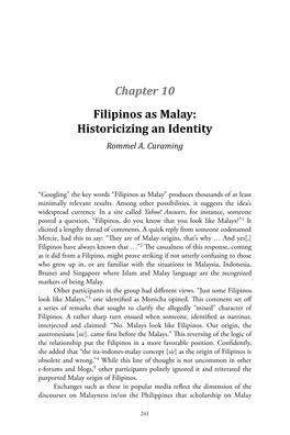 Chapter 10 Filipinos As Malay: Historicizing an Identity Rommel A